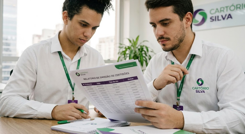 Serventuários analisando relatório de riscos e evidências do GRO