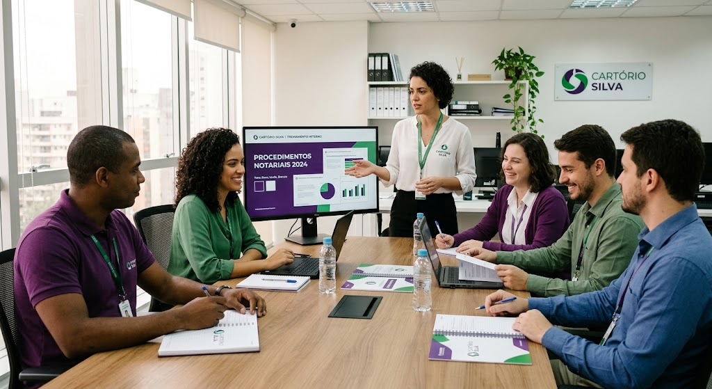 Equipe de cartório em treinamento NR-1 com apresentação na tela