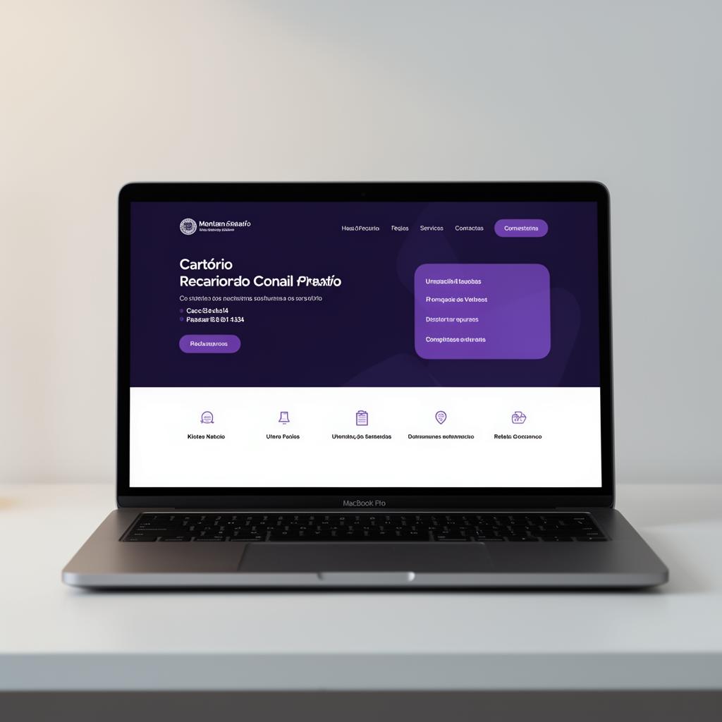 Site para cartório exibido em laptop com design moderno em tons de roxo
